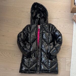 Appaman Shiny Black Quilted Hooded Puffer with Pink Lining